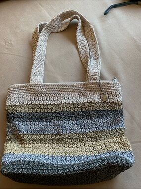 The Sak Striped Crochet Tote in Cream, Gray and Beige